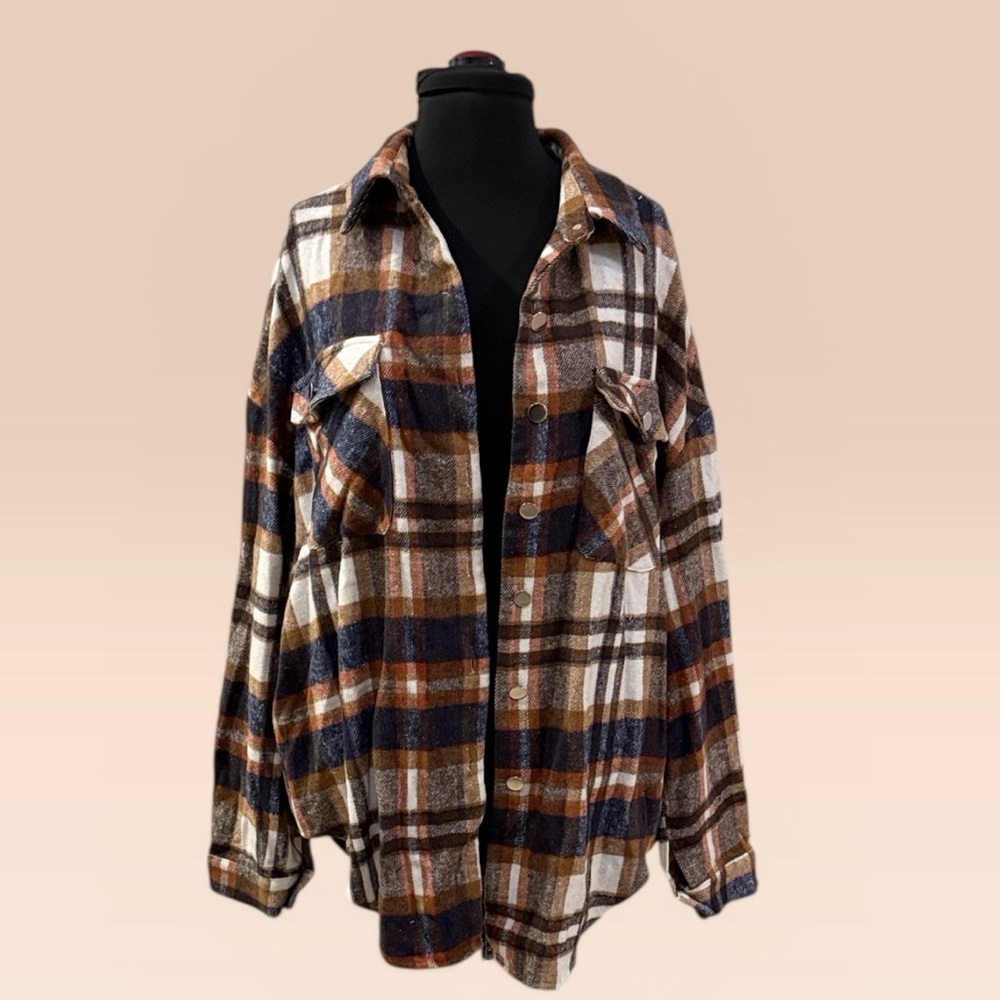 Oversized Button-Up Flannel Shacket in Brown, Navy & Cream